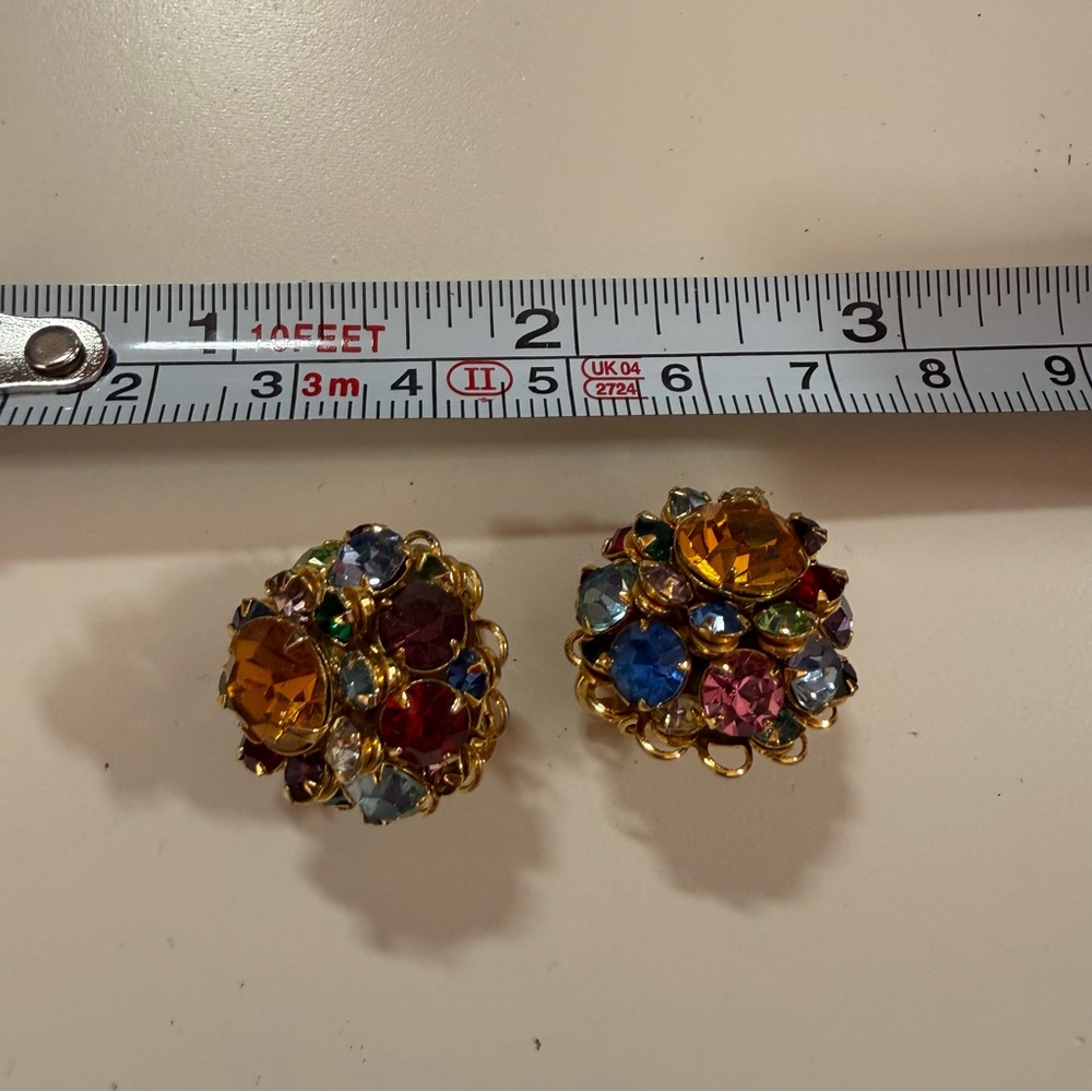 Vintage 1940s deco retro fruit salad Chech Crystal tutu cluster clip earrings - Picture 13 of 17